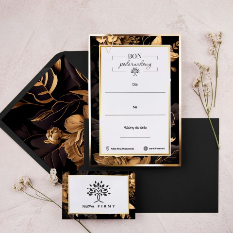 Elegancki minimalistyczny voucher ze złotą ramką, motywem kwiatowym i spinaczem - Gold Flower